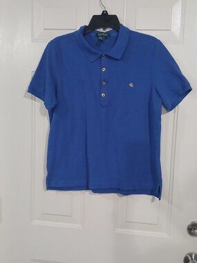 Lauren Ralph Lauren Womens Blue Polo Shirt Gold Logo Button Size L